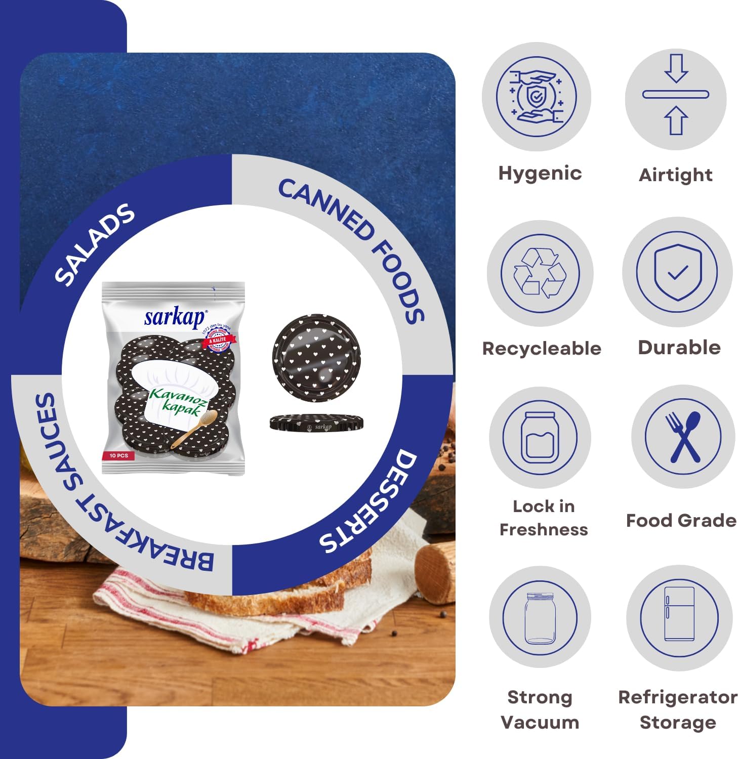 SARKAP Juego de 10 tapas para conservas reutilizables de 3.228 in, ideales para tarros de vidrio, no compatibles con tarros Mason y tapas de boca