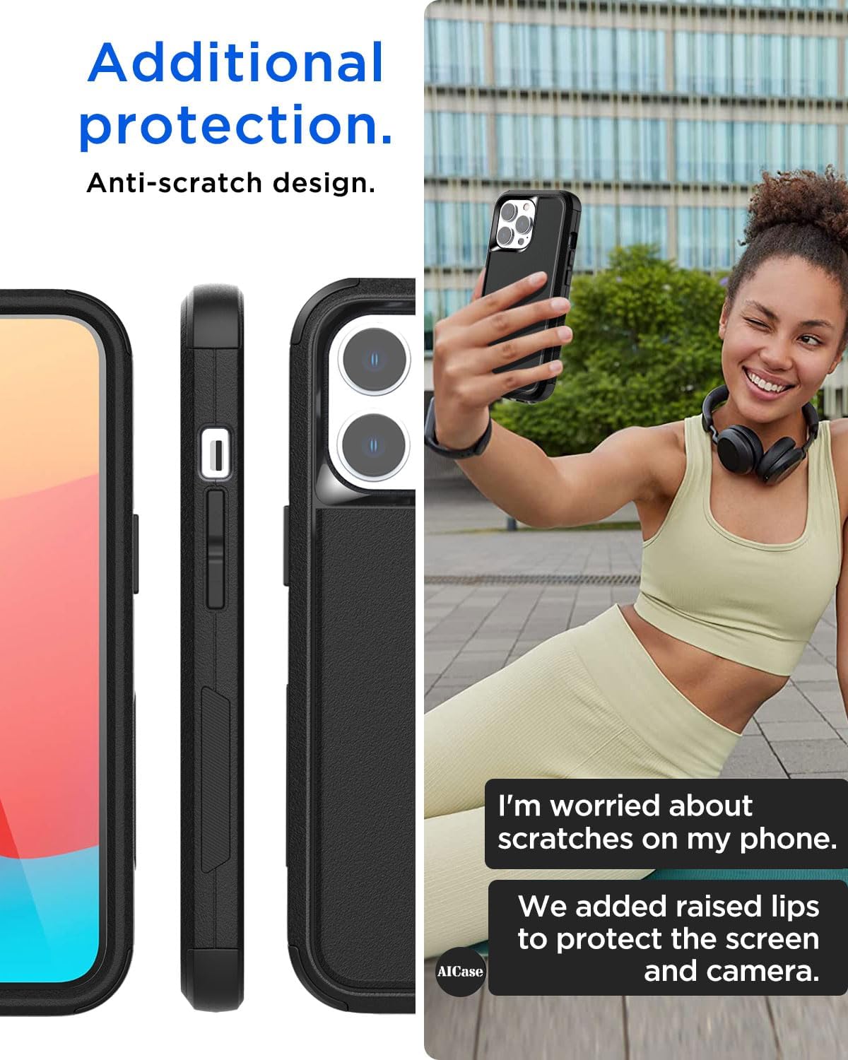 AICase Funda para cinturón compatible con iPhone 15 Pro + protector de vidrio + lente de cámara, resistente de 3 capas de protección de grado