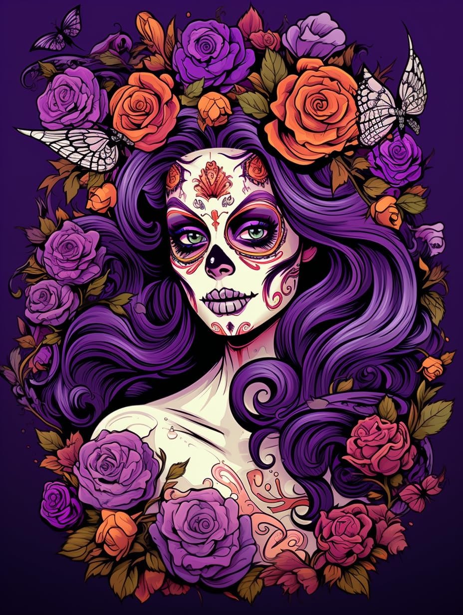 Kits de pintura de diamantes para adultos, diseño de calavera morada, mariposa y flor, arte de diamantes 5D, fácil para principiantes, redondo y