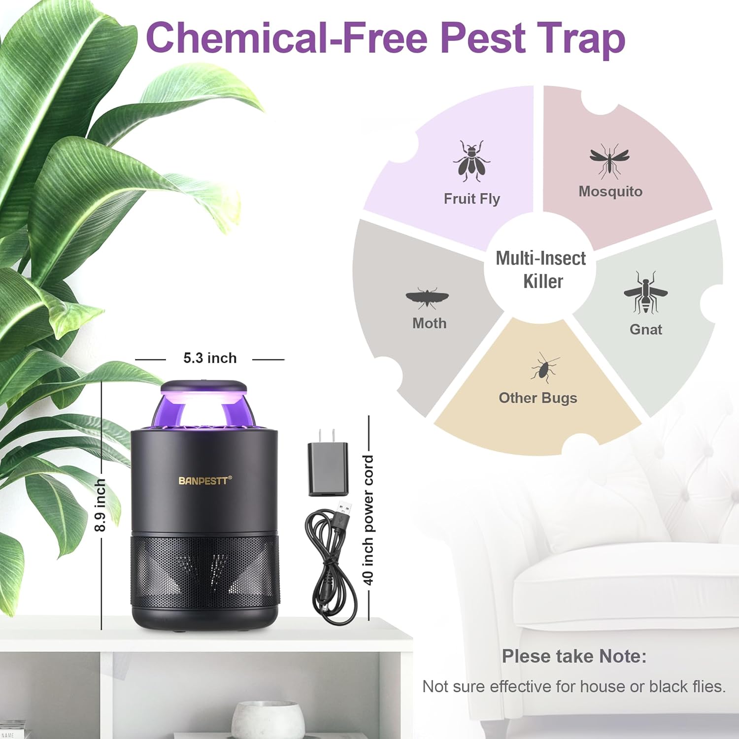 Trampa para moscas de frutas para interiores, trampas para mosquitos para casa, trampa para insectos de interior con succión, función de sensor del