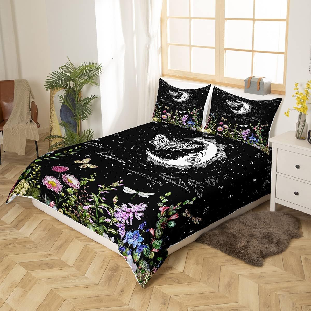 Erosebridal Juego de ropa de cama bohemio con diseño de polilla de sol y luna, color negro y blanco, funda de edredón gótica de calavera de azúcar y