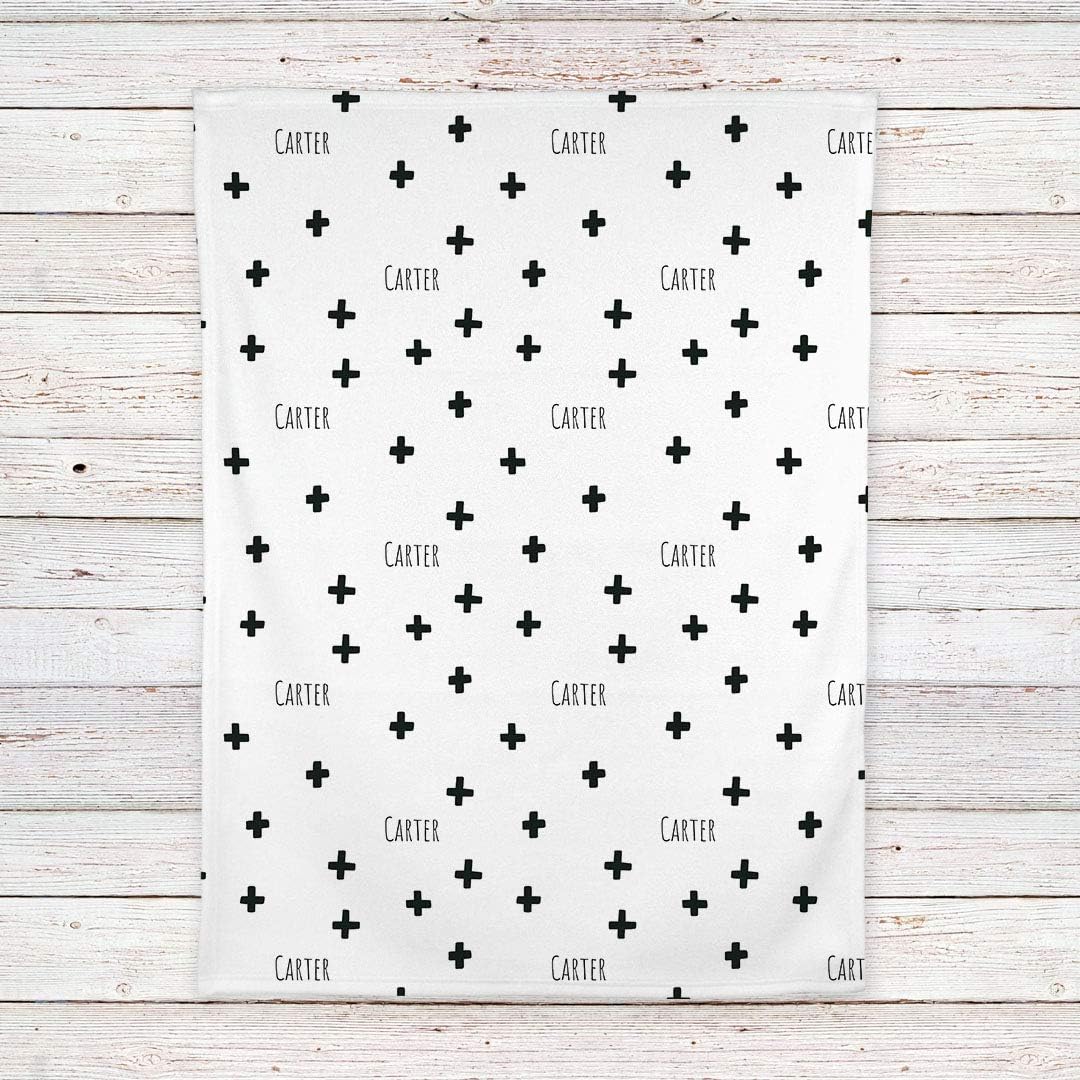 Manta de bebé personalizada moderna con estampado de cruz en blanco y negro, Blanco