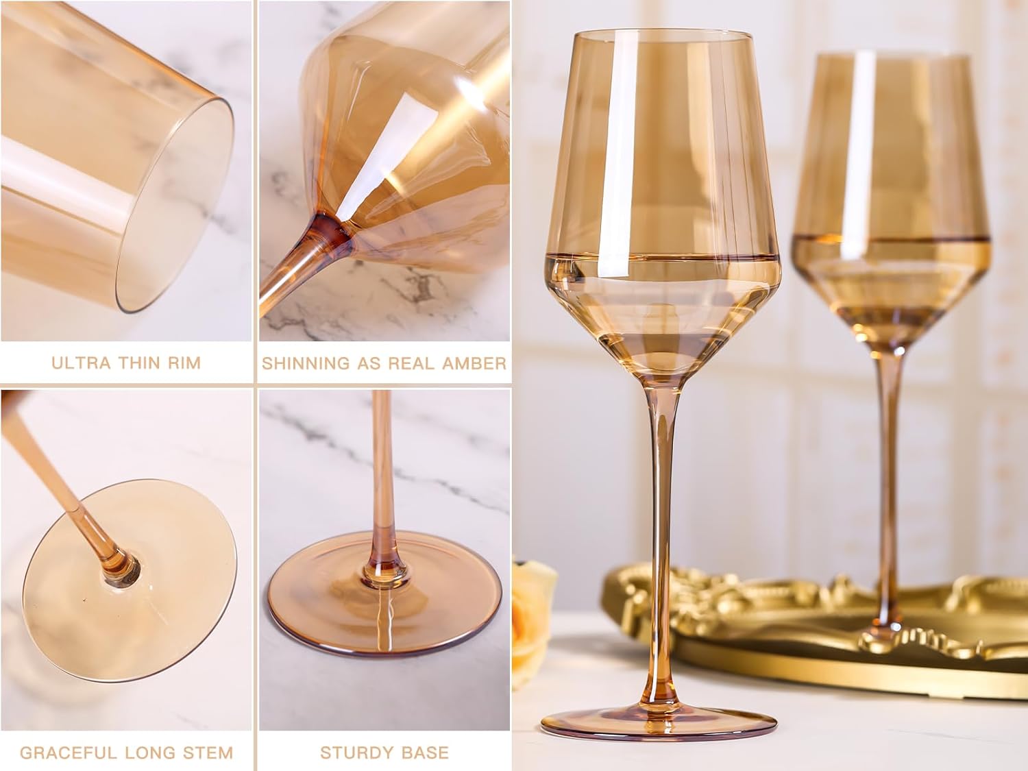 Physkoa Juego de 6 copas de vino de color ámbar, copas de vino ámbar con tallo de 15 onzas, perfectas para celebraciones de fiestas en casa,