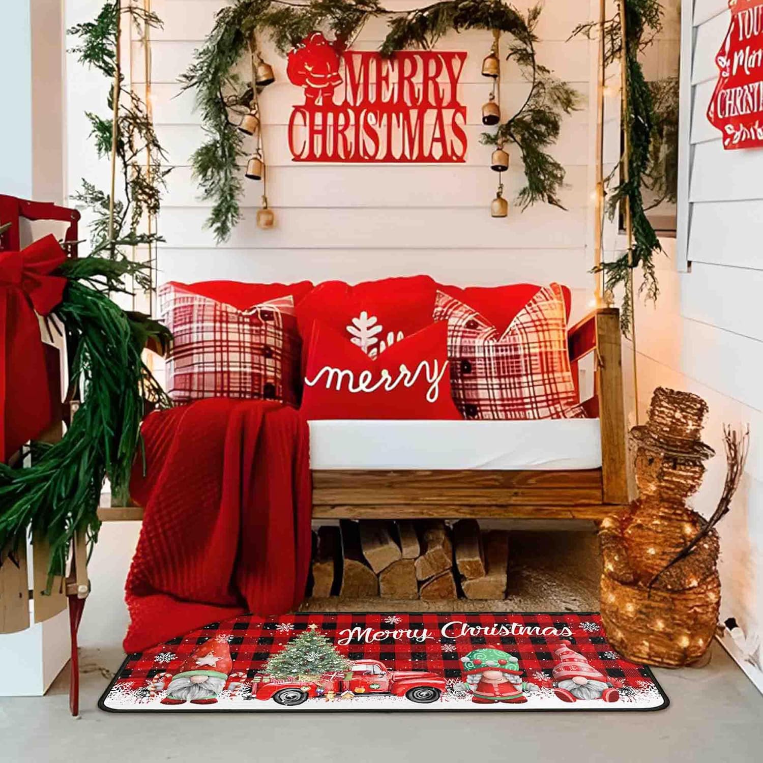 Juego de 2 alfombras y tapetes de cocina de Navidad con diseño de camión rojo a cuadros de búfalo, gnomos de árbol de Navidad, nieve, invierno,