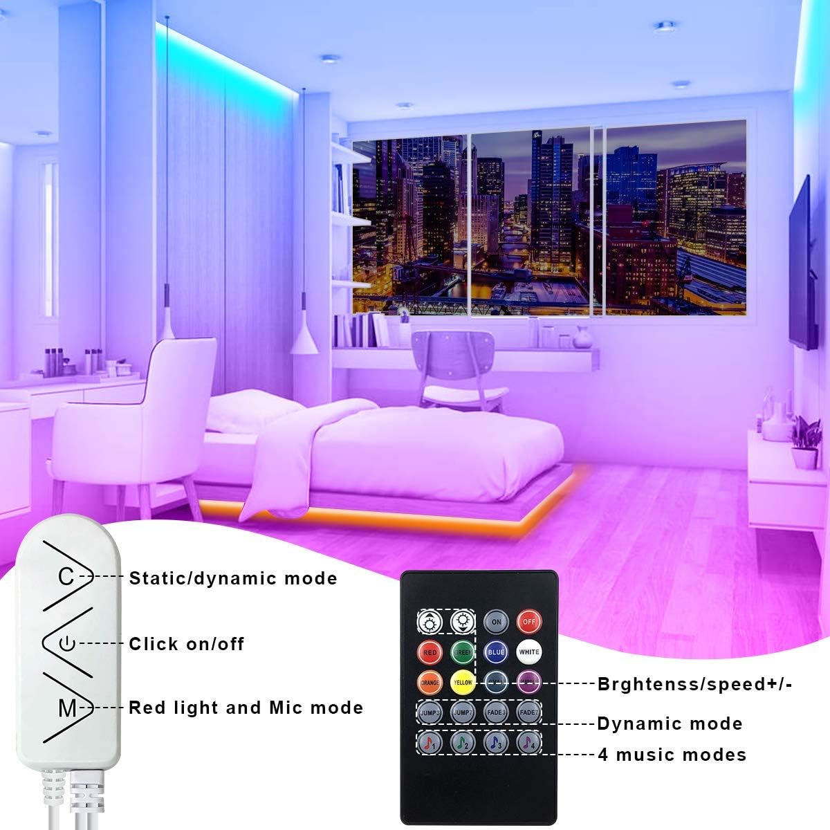 Tira de luces LED, tiras de luz LED de 65.6 pies, multicolor, 5050 luces de cinta LED, sincronización de música, cambio de color, control remoto,