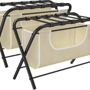 Paquete de 2 portaequipajes con bolsa de lavandería, soportes plegables para maleta para habitación de invitados, estante de equipaje con cinturones Paquete de 2 portaequipajes con bolsa de lavandería, soportes plegables para maleta para habitación de invitados, estante de equipaje con cinturones