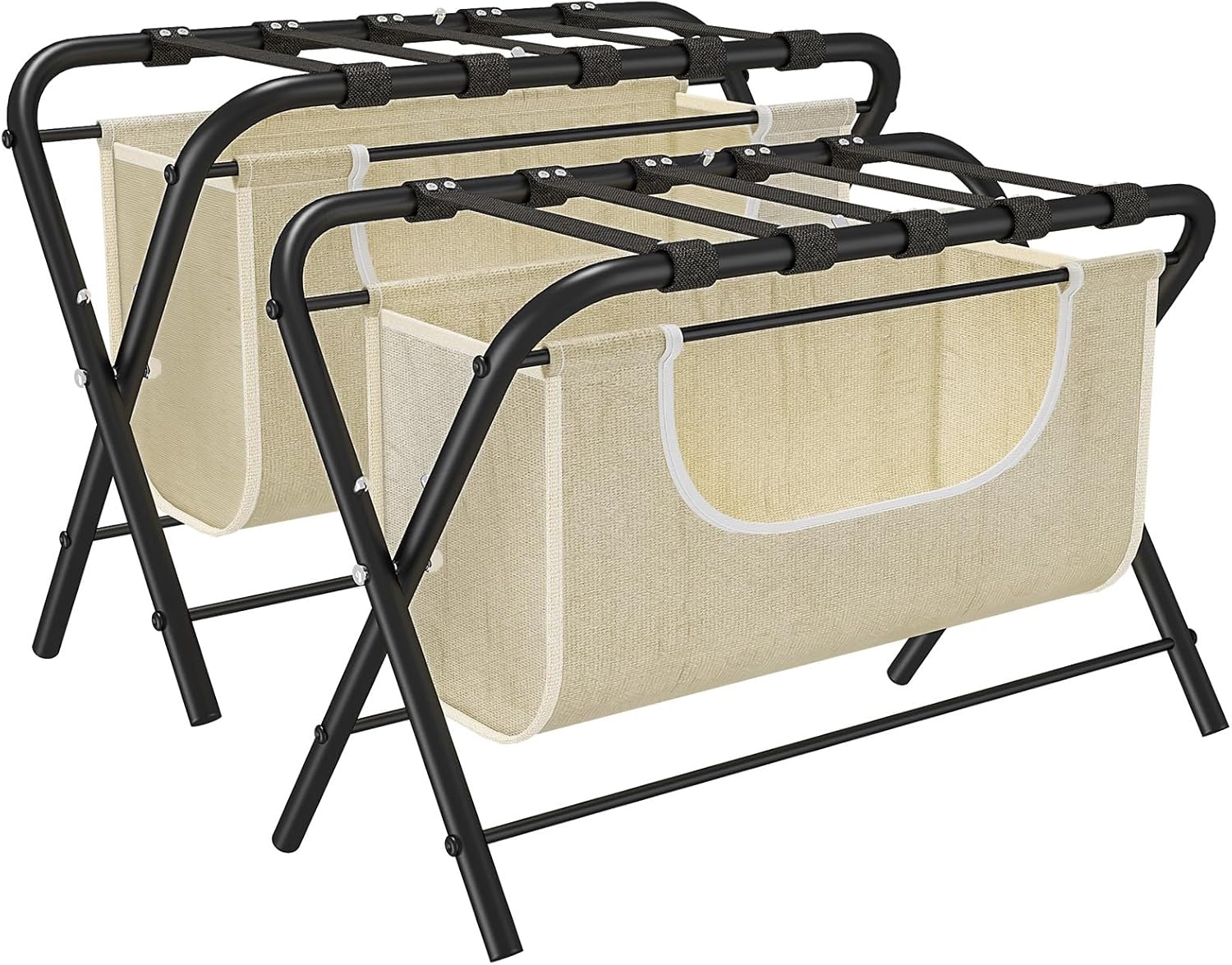 Paquete de 2 portaequipajes con bolsa de lavandería, soportes plegables para maleta para habitación de invitados, estante de equipaje con cinturones