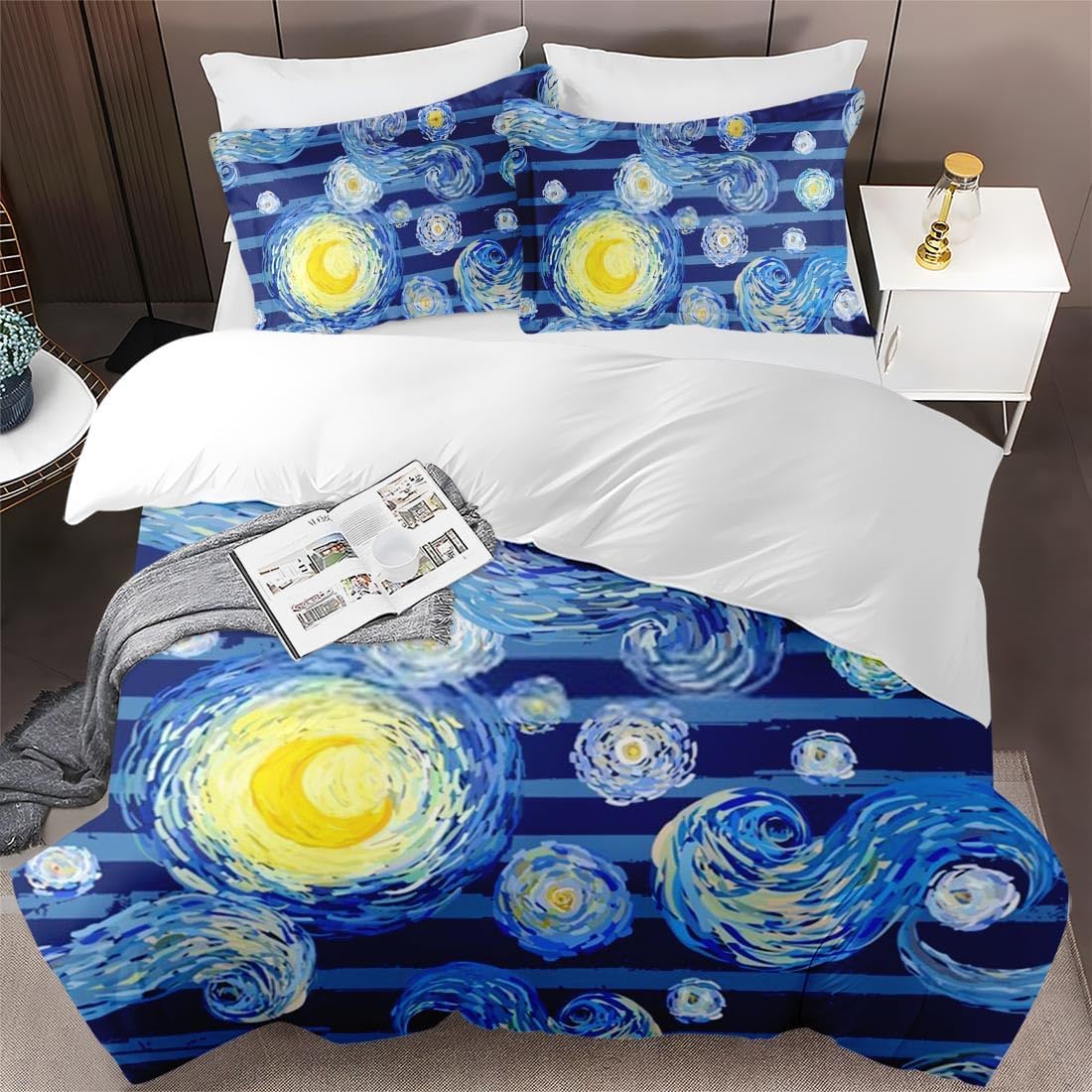 Juego de funda de edredón, luna amarilla estrellada para niños y adultos, decoración de dormitorio de niños y adultos, juego de funda de edredón