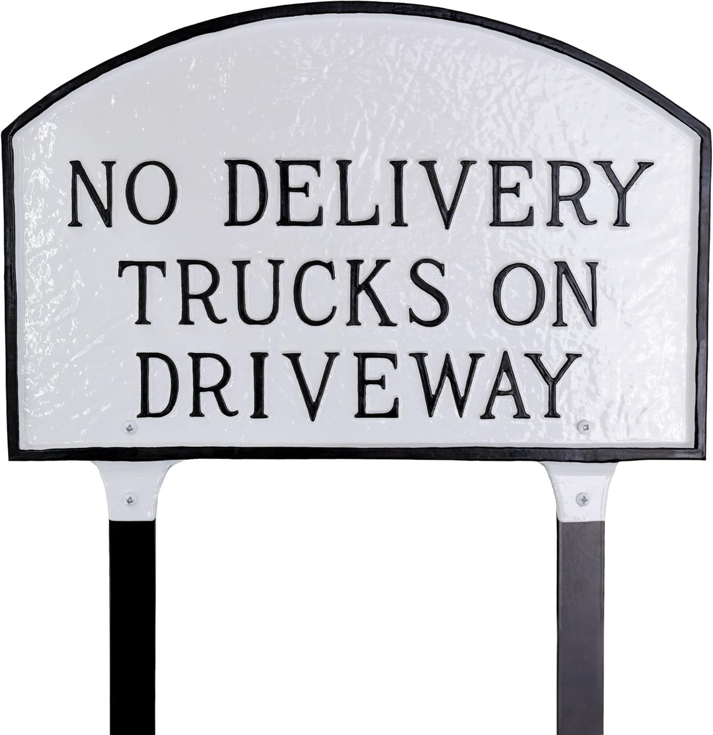 Letrero de placa con diseño de arco con texto en inglés “No Delivery Trucks on Driveway” – Placa de visualización de pared o césped – Señal de