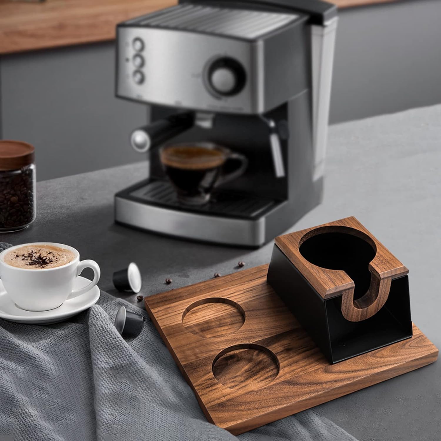 Estación de manipulación de café expreso de 2.283 in, base de soporte de manipulación de café con 2 discos de café, caja organizadora de accesorios