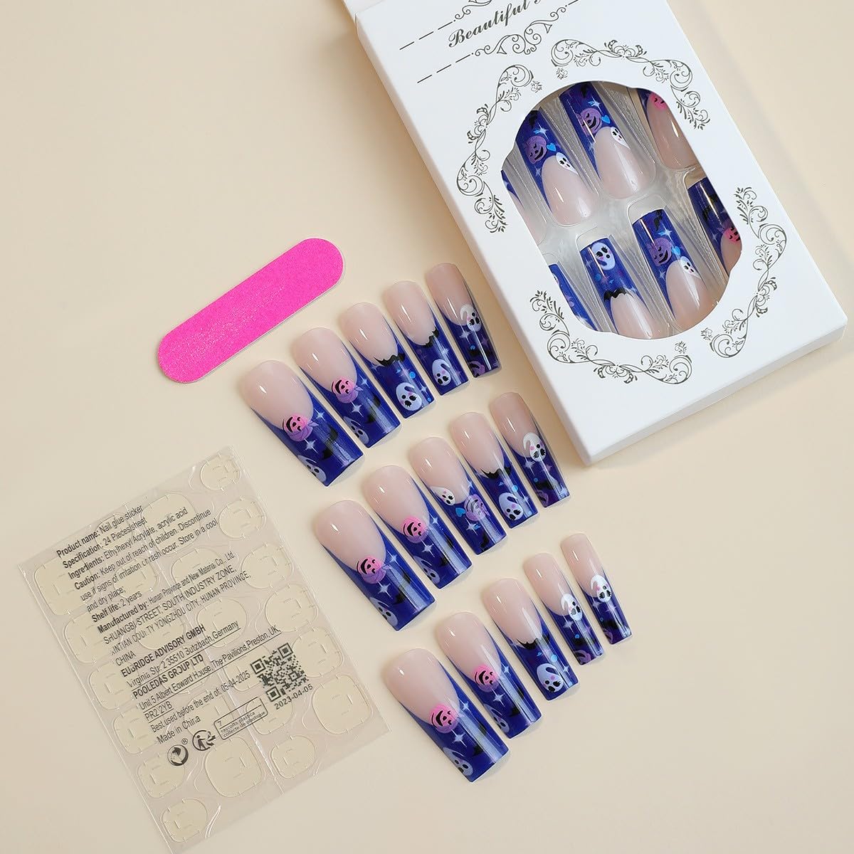 Uñas postizas extralargas a presión para Halloween, uñas postizas de punta francesa con murciélagos negros, corazón azul, estrella, asterismo,