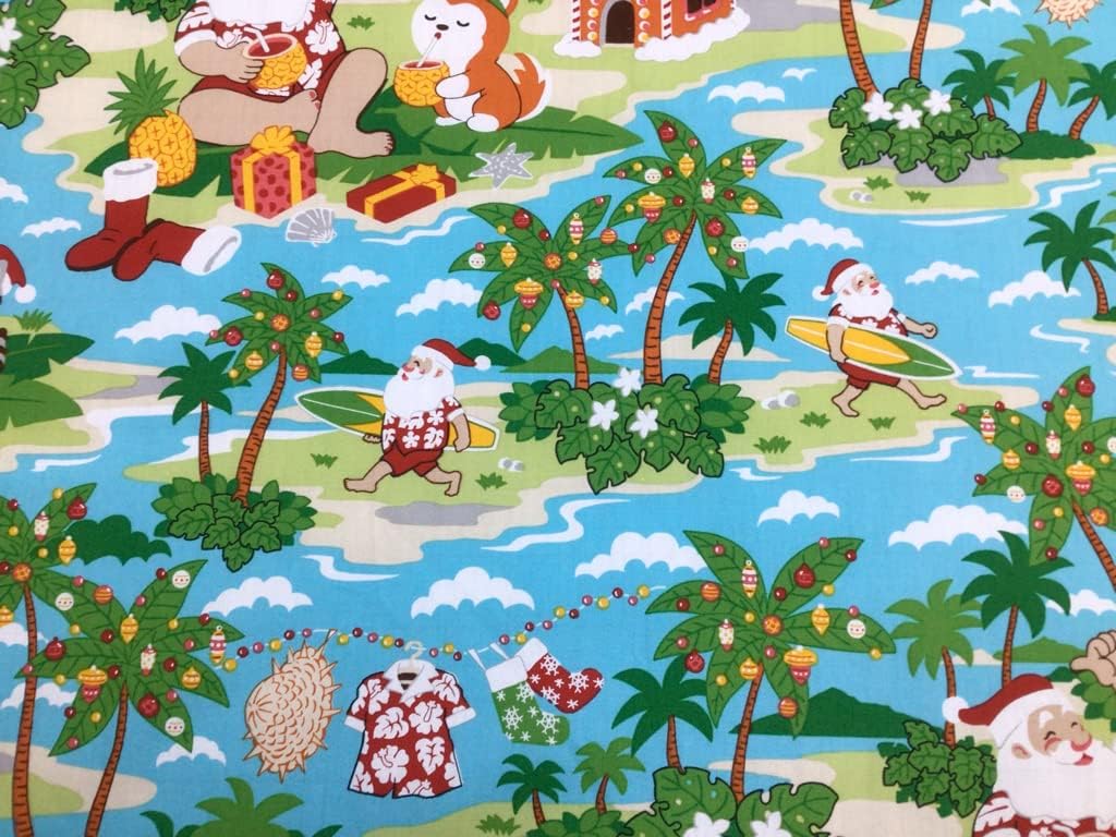 Tela hawaiana con estampado de Papá Noel de fondo azul en algodón vendido por The Yard