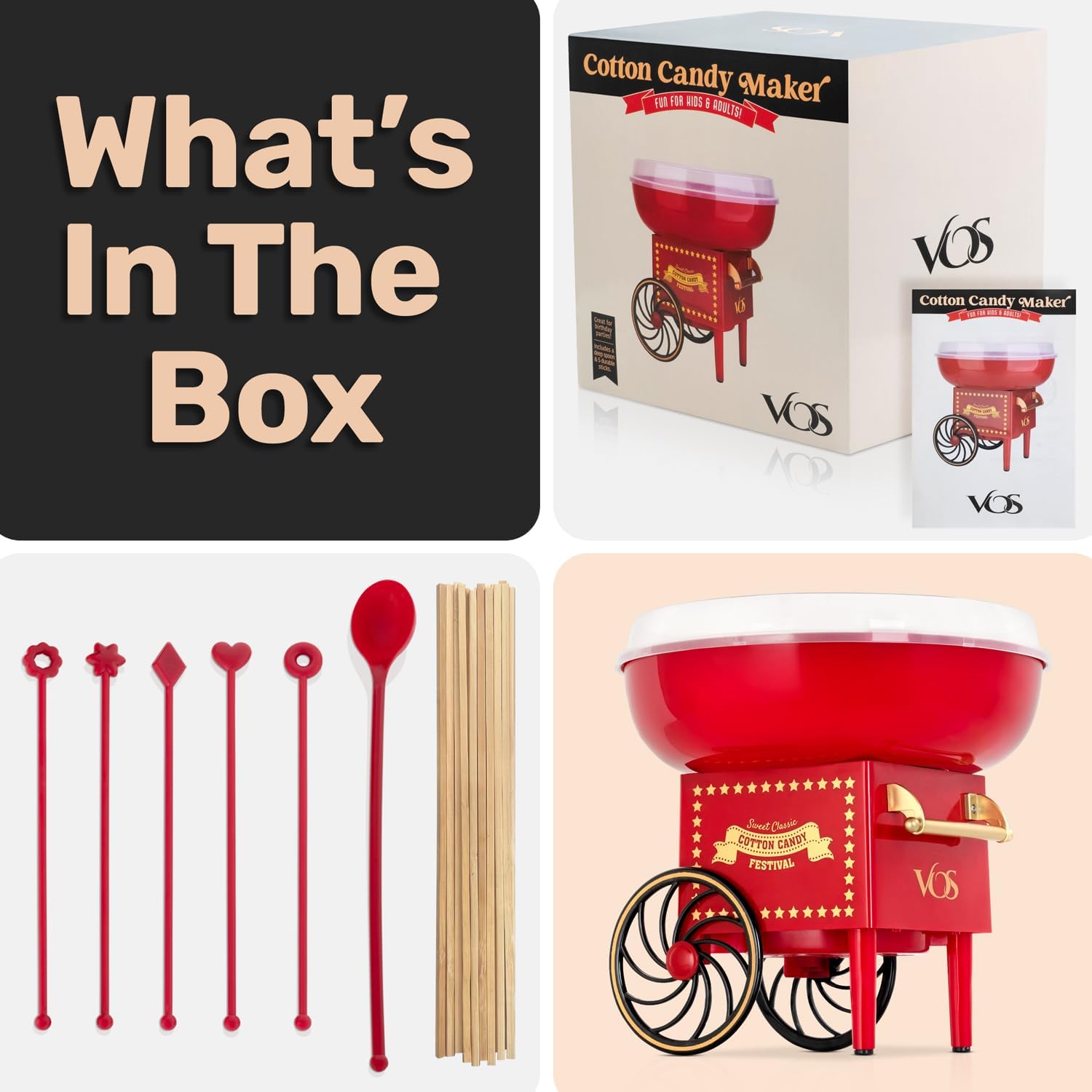 Kit de máquina de algodón de azúcar, máquina de algodón retro rojo, máquina para hacer dulces de azúcar sin esfuerzo con guía completa fácil de