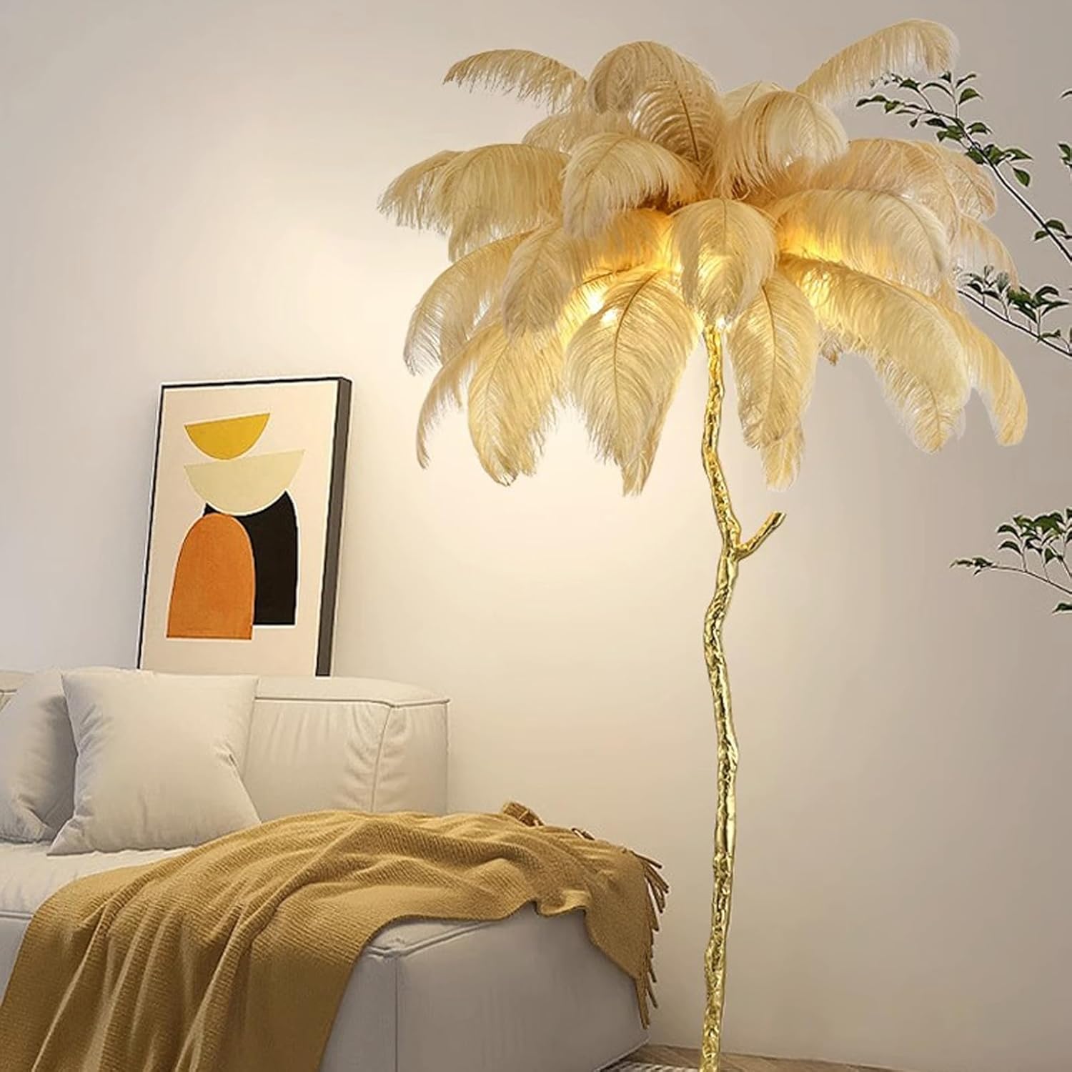 Lámpara de pie de plumas de avestruz para sala de estar, sofá, mesita de noche, lámpara de lectura elegante, romántica y hermosa (altura 66.9