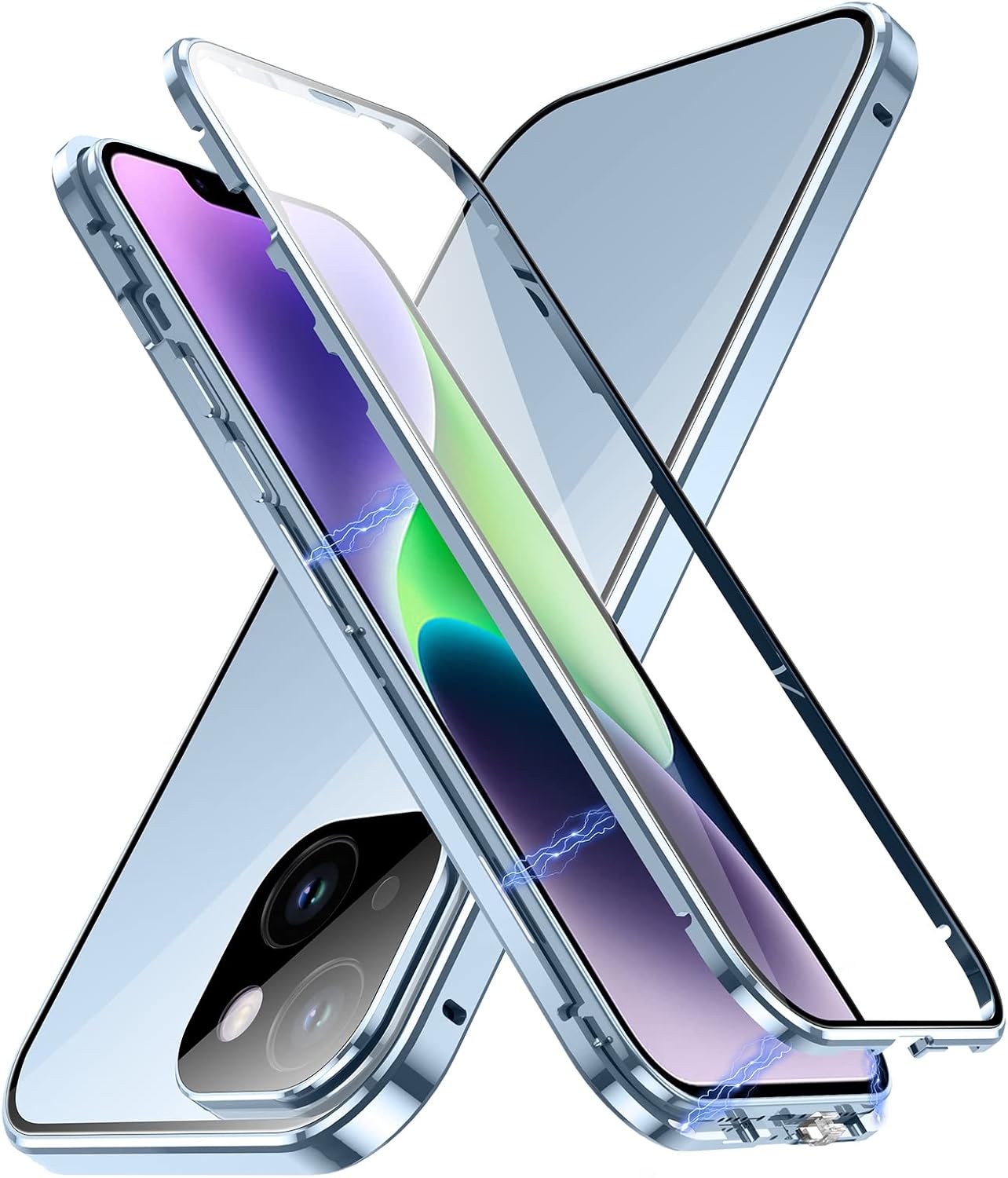 Jonwelsy Funda para iPhone 14, 360 grados frontal y trasera, vidrio templado transparente, protección de cuerpo completo, absorción magnética, marco