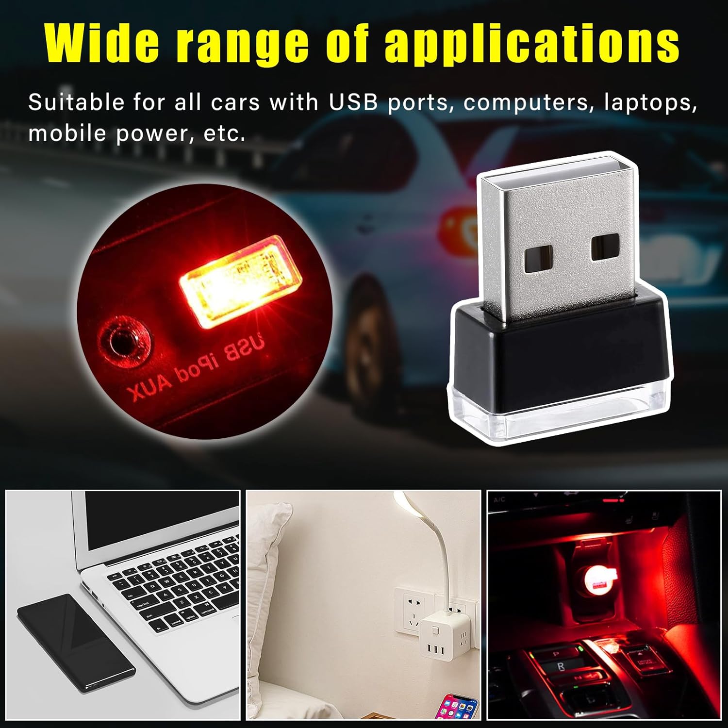 Augeny 4 lámparas LED USB para el interior del automóvil, luz nocturna de decoración USB enchufable, kit de iluminación ambiental portátil para