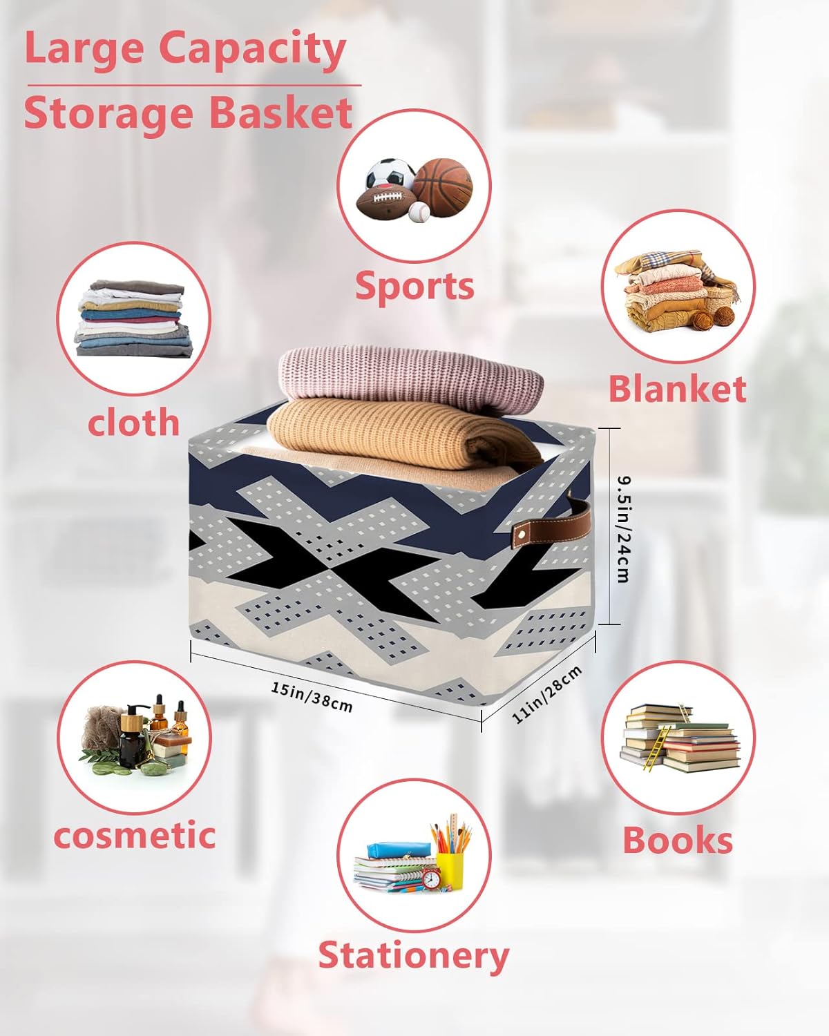 Navy Blue Black White Storage Basket for Organizing Shelves, Collapsible Storage Bins Boxes with Handle, Modern Chevron Geometric Polka Dot Art