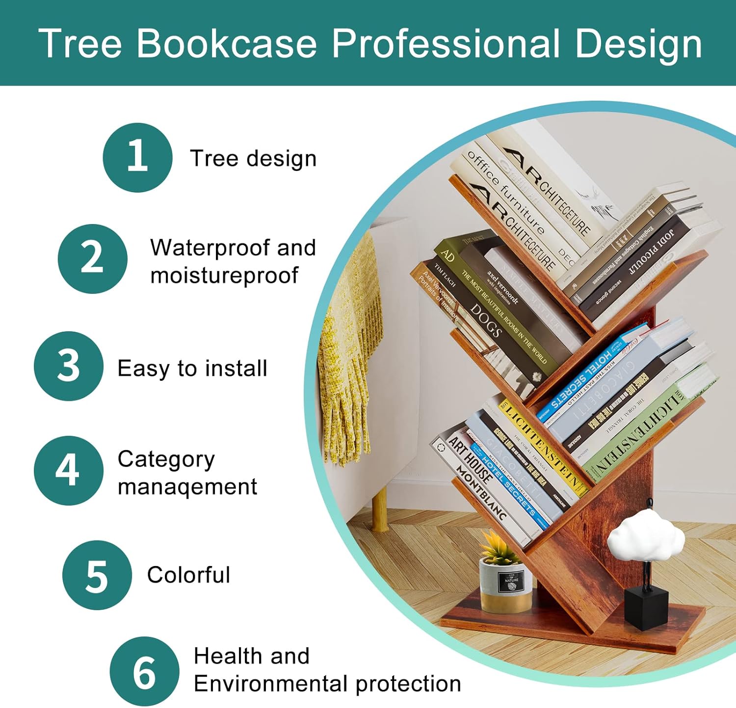 ZRWD Estantería de árbol de 5 niveles, organizador de almacenamiento de libros, estante de almacenamiento de madera para oficina, hogar, escuela,