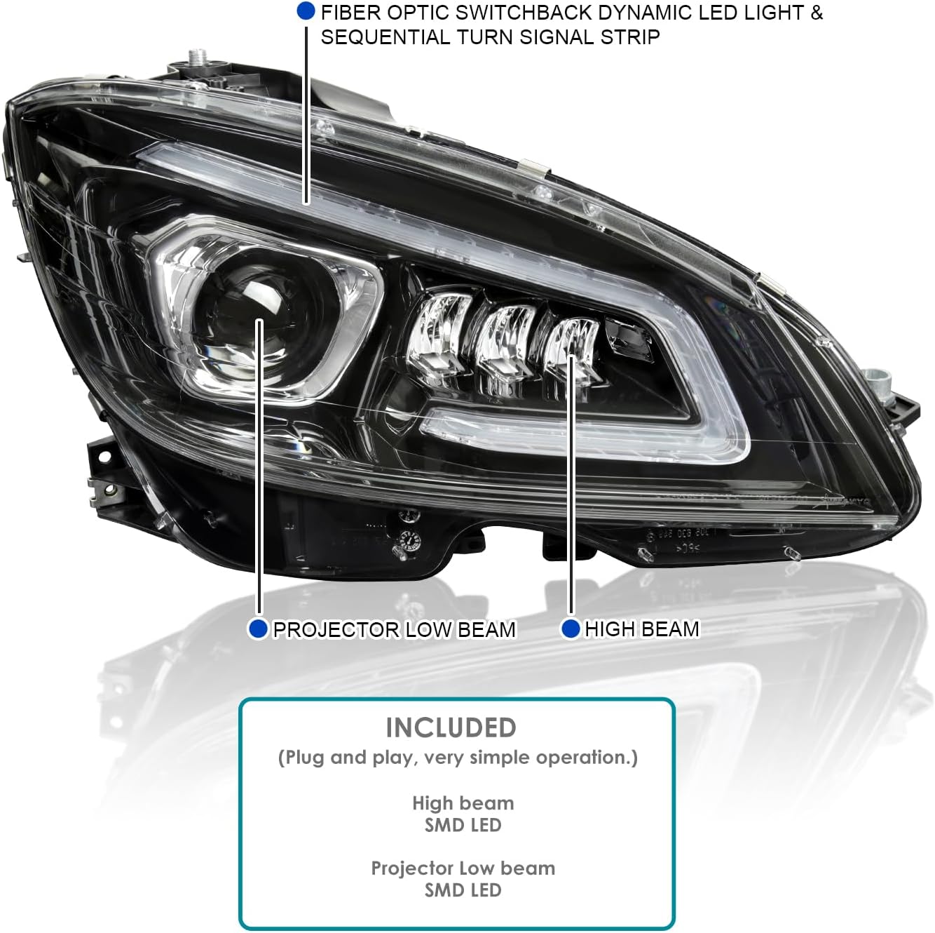 Spec-D Tuning Faros delanteros de proyector LED completo color negro azabache con señal secuencial compatible con Mercedes Benz W204 2008-2011 Clase
