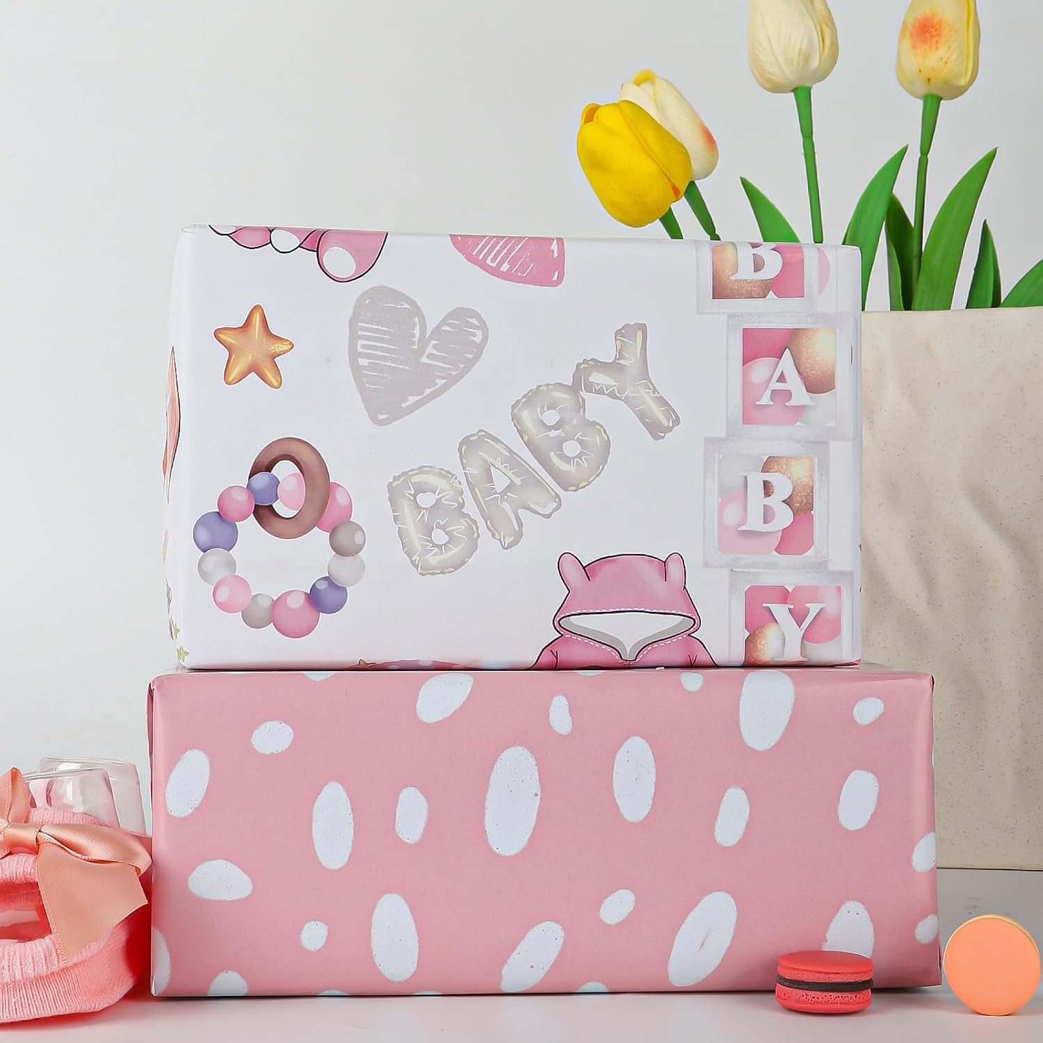 Dtiafu Papel de regalo para baby shower para niña  12 hojas de papel de regalo rosa con pies de bebé, diseño de oso unicornio, arco iris, zapatos de
