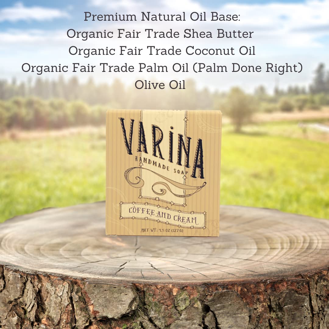 Varina Jabón en barra de crema de café natural, limpieza suave para pieles sensibles, aromas terrosos, paquete de 3, experimenta una piel sana y