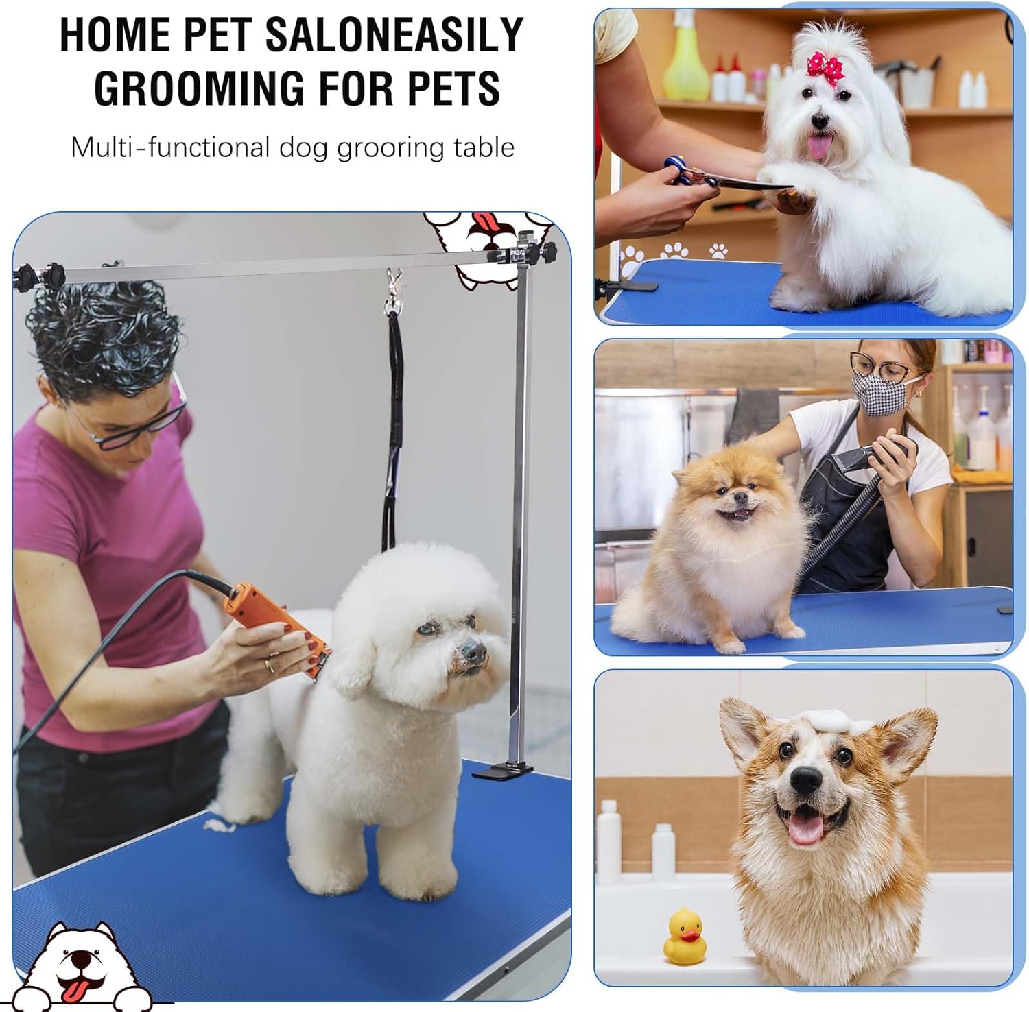 Mesa plegable de aseo para perros y mascotas, altura ajustable, mesa portátil de aseo para perros de 46 pulgadas con brazo y bandeja de malla,