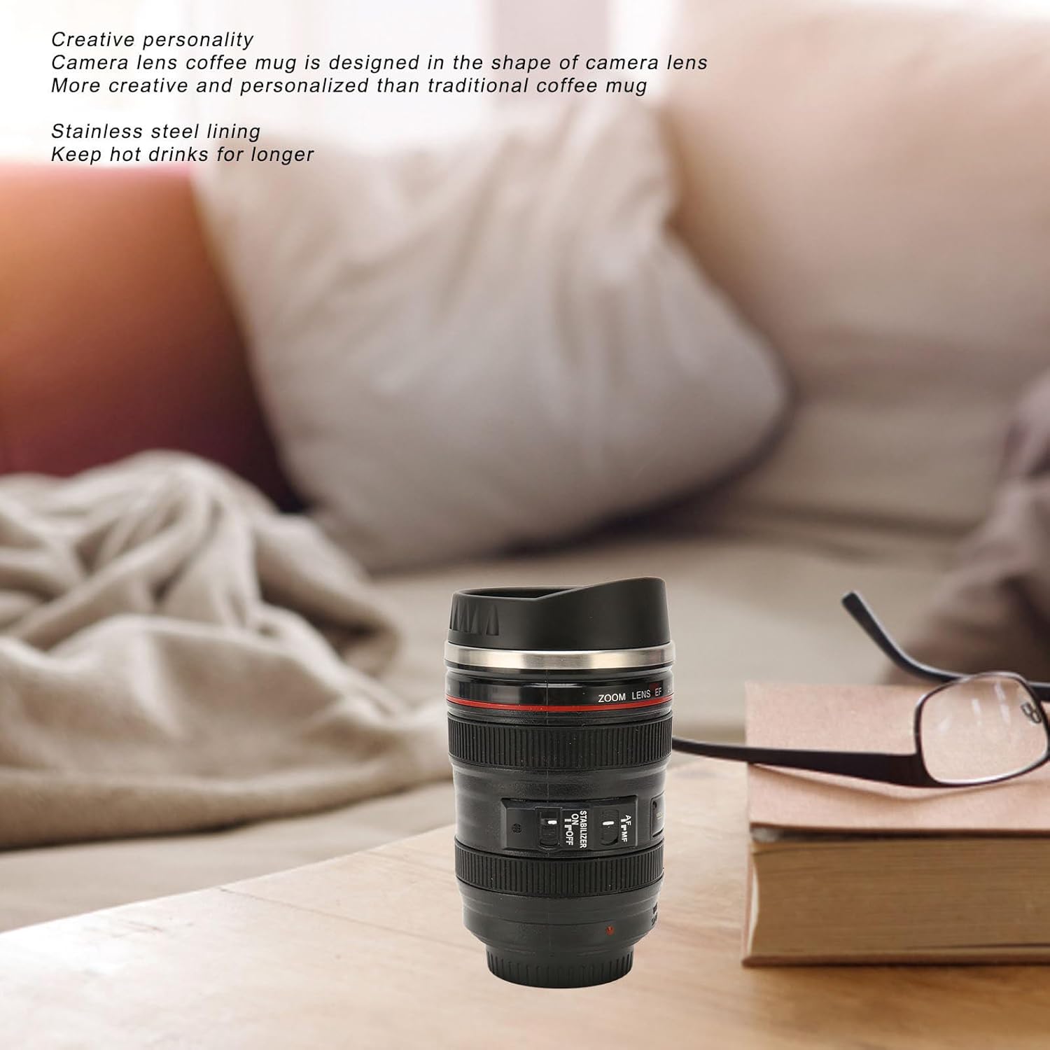 Taza de café con lente de cámara, taza de café de acero inoxidable para fotógrafo, taza de café de viaje con tapa, forro interior de acero