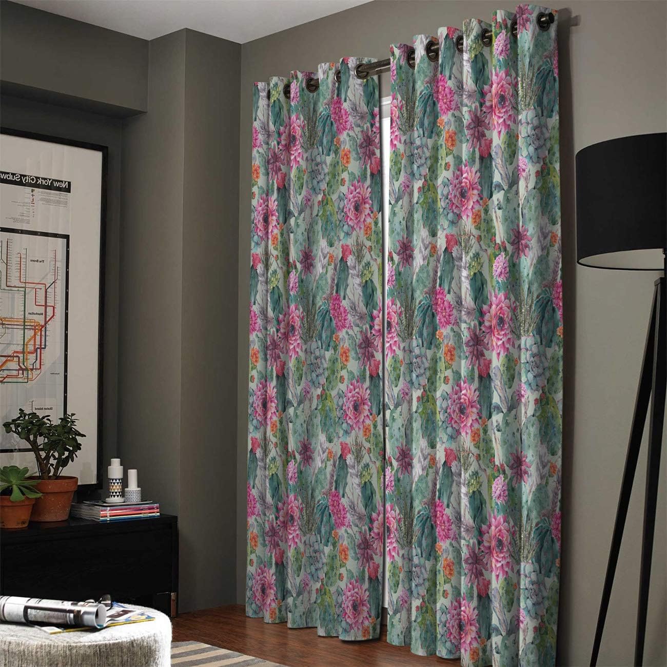 Blackout Curtains Thermal Insulated Tropical Plants Cacti Decor Watercolor Cactus Flower Metal Grommet Elegant Room Drapes Window Curtain for