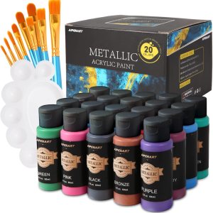 Juego de pintura acrílica metálica con 10 pinceles y 1 paleta, 20 colores (2.0 fl oz, 2 onzas), pinturas no tóxicas para adultos, artistas, Juego de pintura acrílica metálica con 10 pinceles y 1 paleta, 20 colores (2.0 fl oz, 2 onzas), pinturas no tóxicas para adultos, artistas,