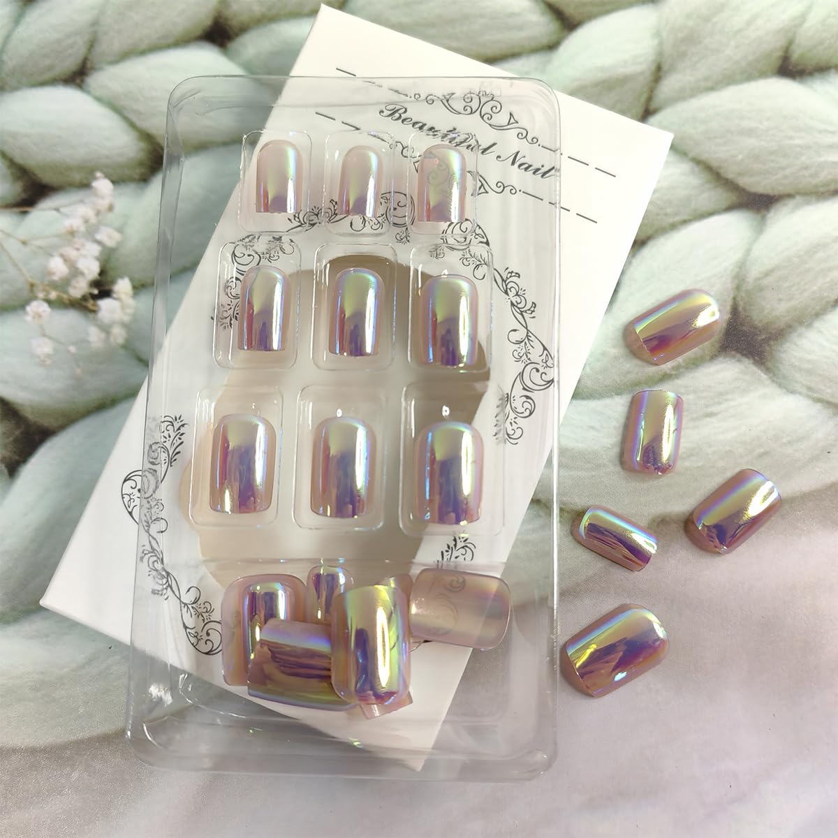 24 uñas postizas cortas a presión, cuadradas, espejo rosa, cobertura completa, proceso de chapado en uñas, diseño brillante, uñas adhesivas rosadas,