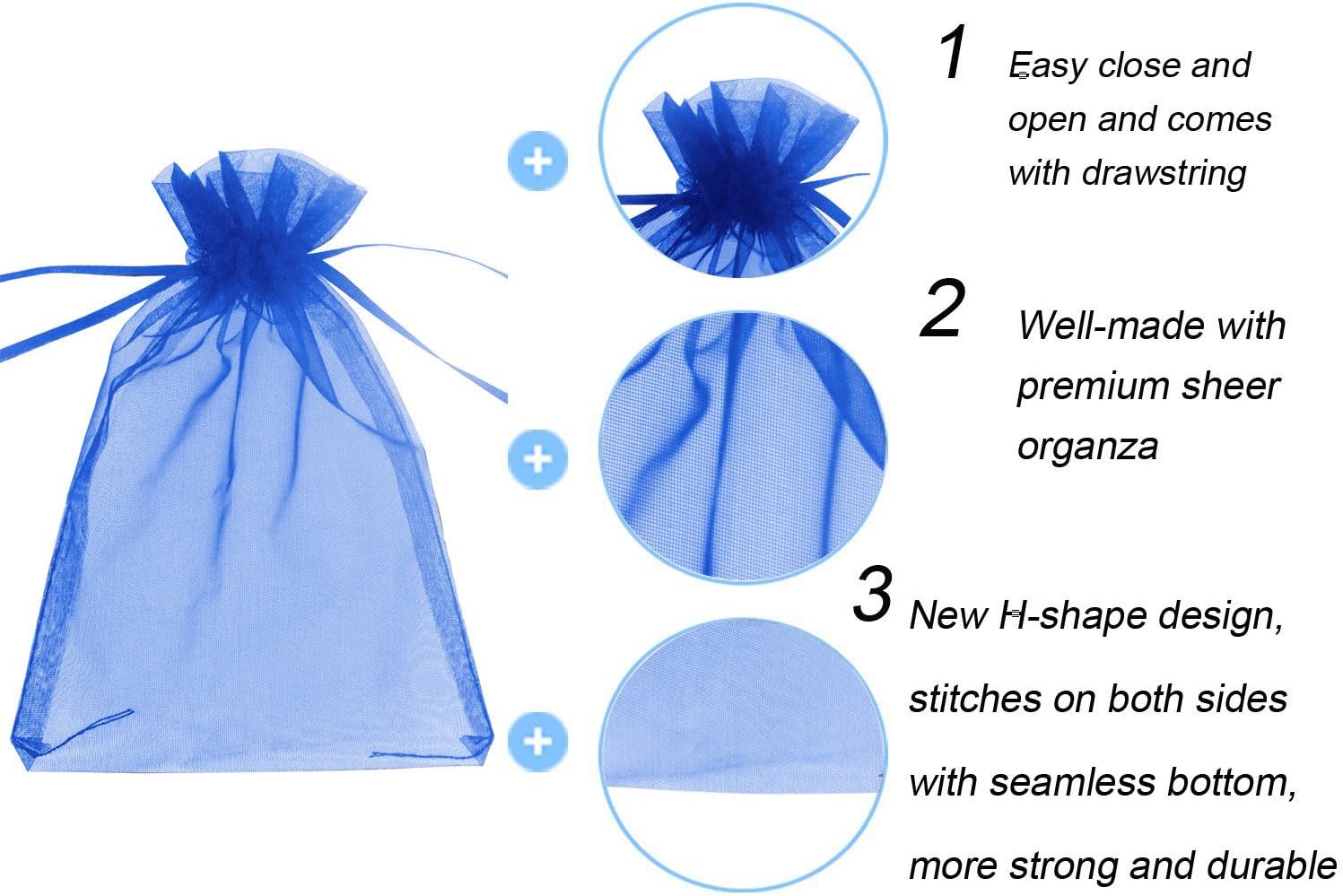 Wudygirl 50 bolsas de organza con cordón de 6 x 9 pulgadas, bolsas de joyería azul, velas de recuerdo de deshierbe, bolas de juguete cosmético, baby