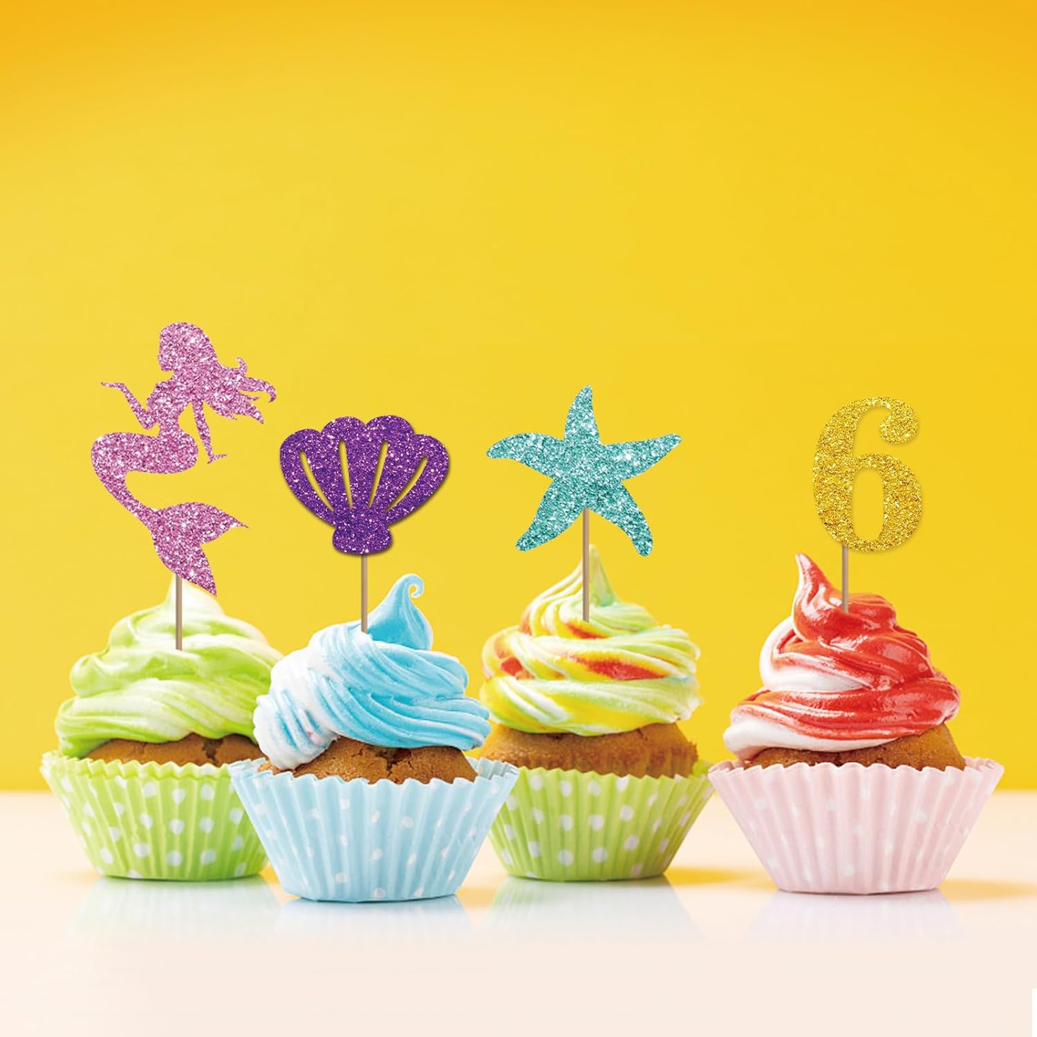 24 decoraciones de sirena para cupcakes de 6 cumpleaños, decoración de 6 magdalenas de sirena con purpurina rosa y dorada, decoración de pastel de