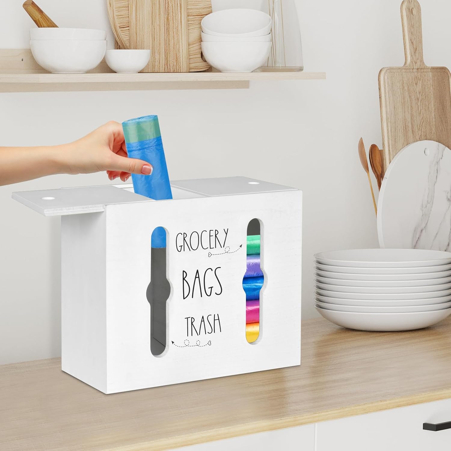 SOWA Soporte para bolsas de plástico de madera y dispensador de bolsas de basura, dispensador de bolsas de plástico 2 en 1 para bolsas de
