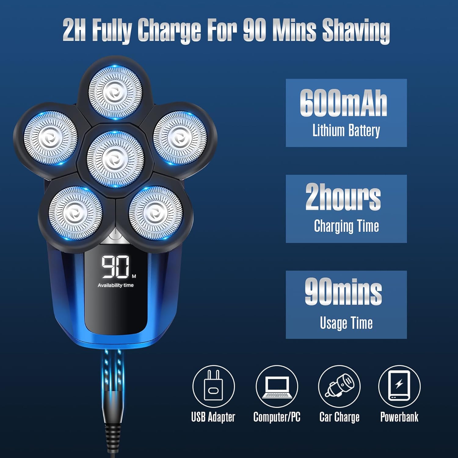 Afeitadora de cabeza para hombres calvos, afeitadora eléctrica 6 en 1 para cabeza calva inalámbrica, impermeable, húmeda, seca, 6 cabezales,
