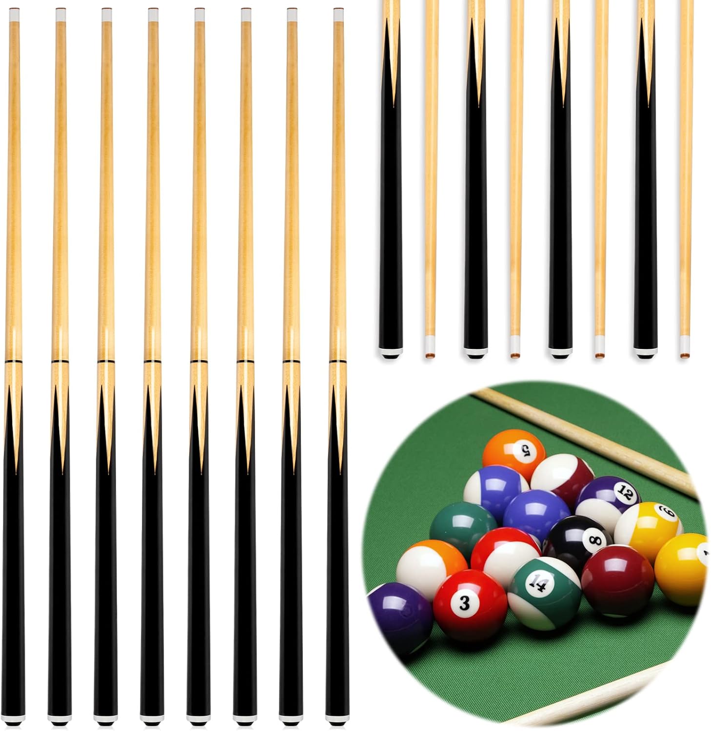 Wettarn Juego de 8 palos de billar de 12 onzas, 0.512 in, puntas de pegamento de madera dura, regalo para adultos, principiantes, Acción de Gracias,