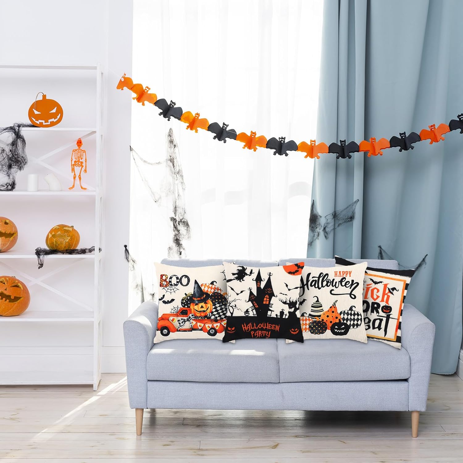Juego de 4 fundas de almohada de Halloween, 18 x 18 pulgadas, fundas de cojín de bruja murciélago y calabaza, fundas de almohada de Halloween para