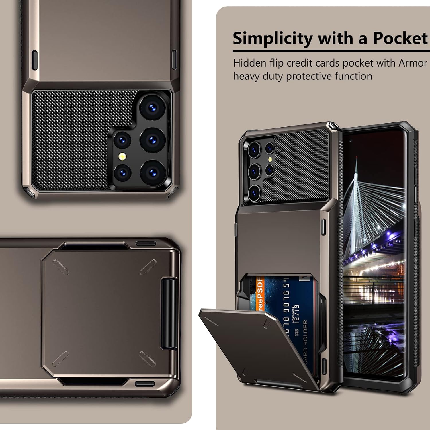 Vofolen Funda para Galaxy S22 Ultra, tarjetero para tarjetas de crédito, ranura para 4 tarjetas, bolsillo trasero oculto, doble capa, híbrido,