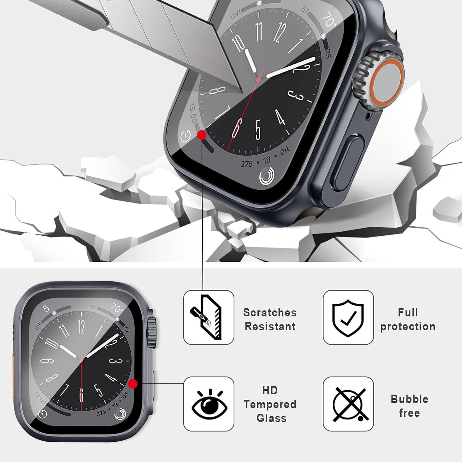 Paquete de 4 fundas integradas de vidrio templado para Apple Watch Series 8, 7, de 1.772 pulgadas (actualización a iwatch Ultra), cubierta general