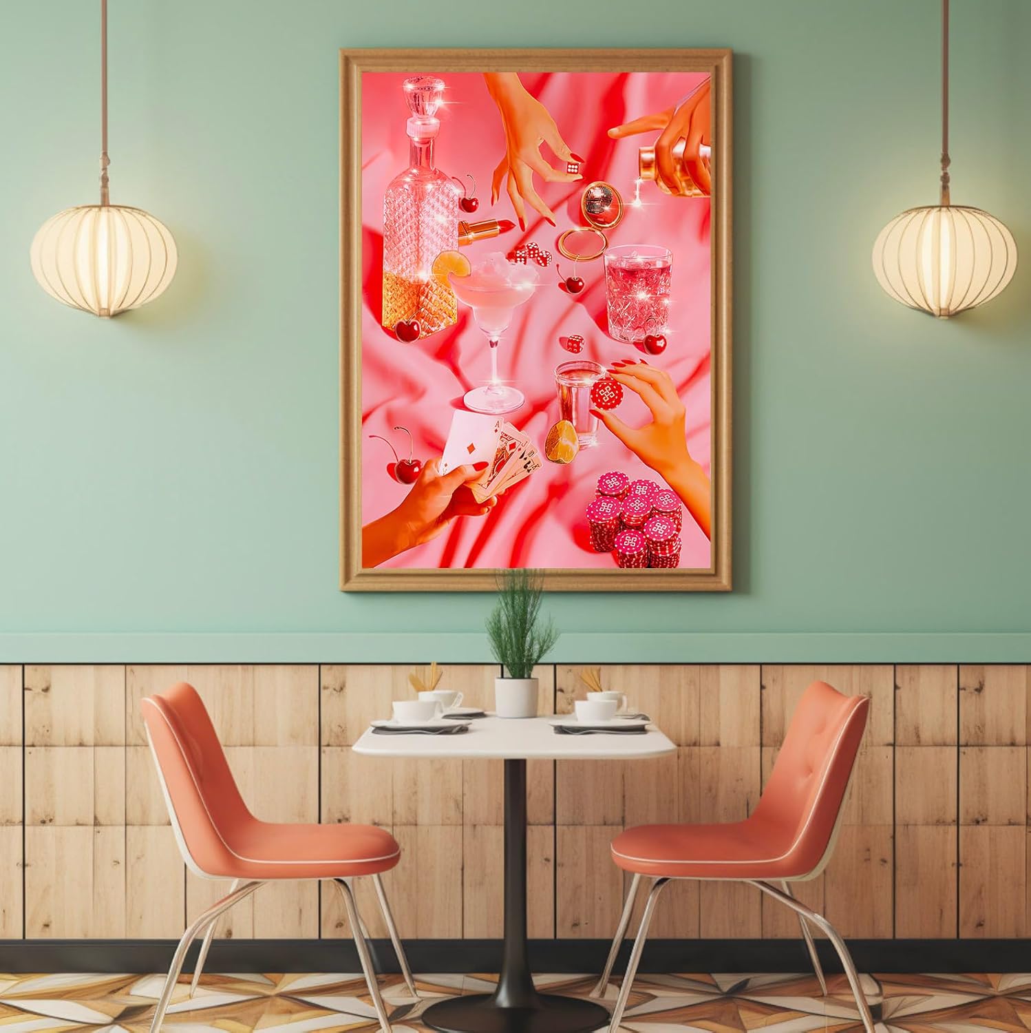 Arte de pared de moda, póquer rosa vintage, lindo y divertido cóctel, casino, dados en lienzo, arte de pared genial y funky para bebidas, bola de