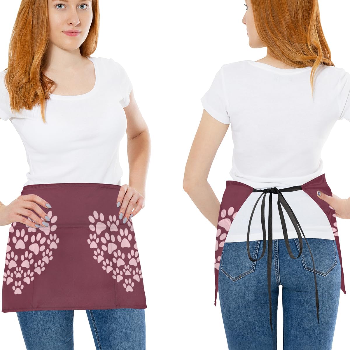 bisibuy 3 Pocket Waist Apron, Pack of 3, Heart Dog Paw Server Short Apron for Men Women, Kitchen, Restaurant, Cafe Delantales De Mesera Para Mujer