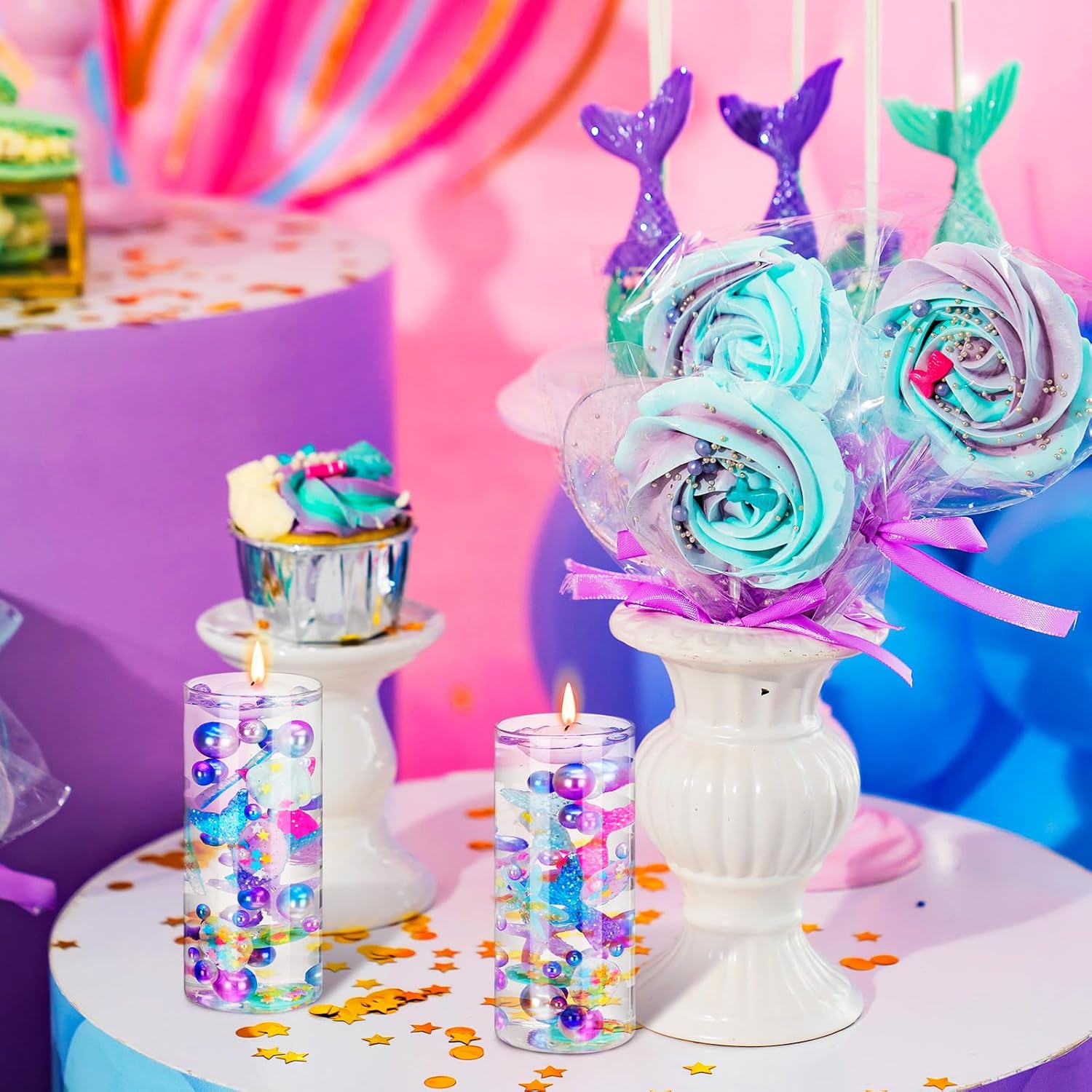 Jutom 10150 piezas de centro de mesa de sirena de relleno de sirena para mesas, concha, cola de pez, estelleroide, cuentas de perlas multicolor,