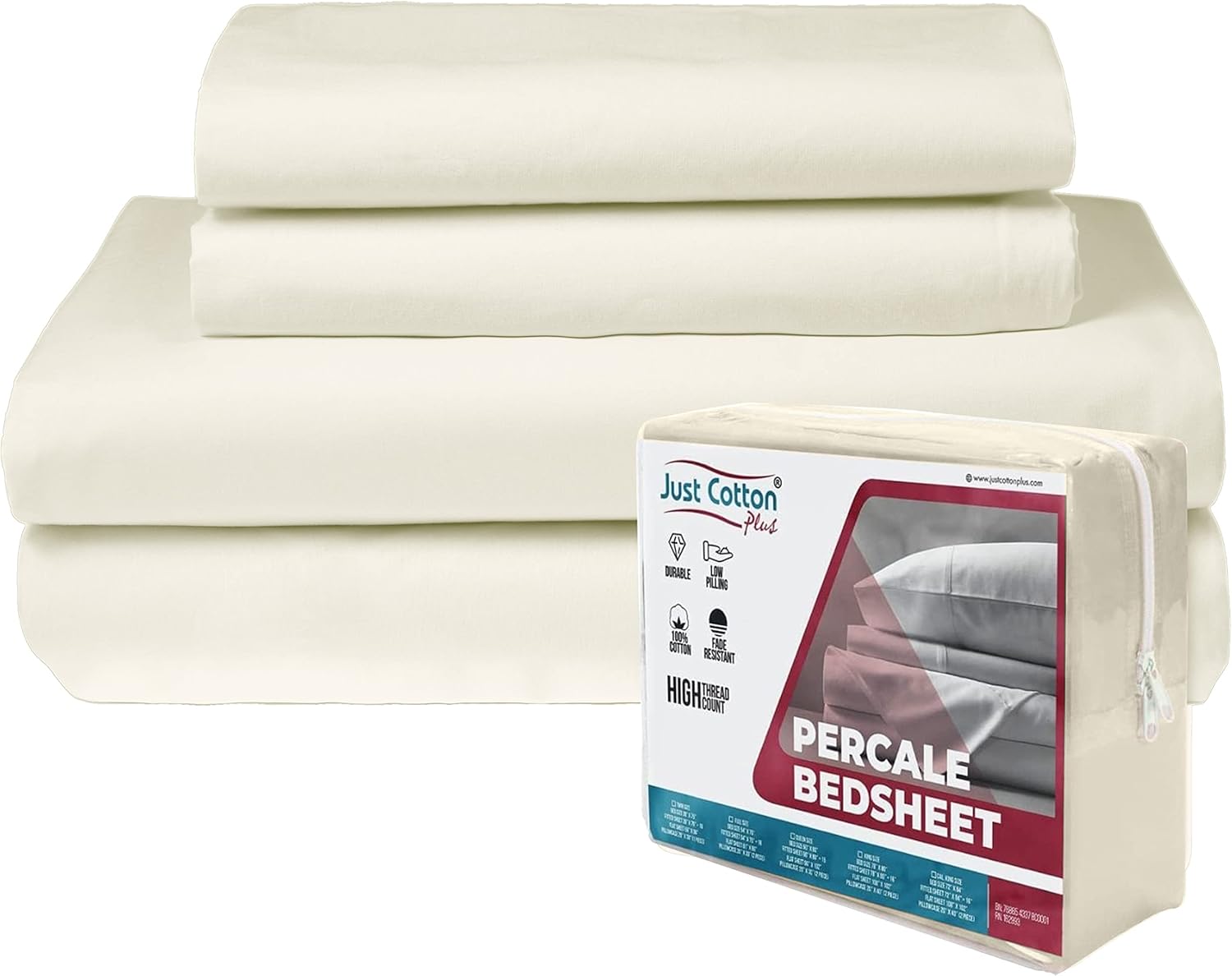 Juego de sábanas de percal 100% de algodón sin contaminación, tamaño matrimonial, color crema marfil, 4 piezas, 1 encimera, 1 sábana bajera elástica