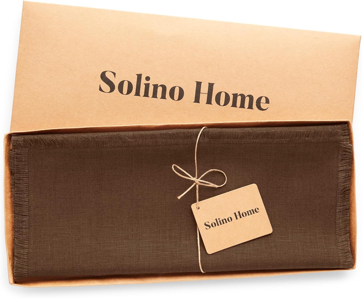 Solino Home Camino de mesa de lino marrón moca de 90 pulgadas de largo, camino de mesa con flecos de lino 100% puro de 14 x 90 pulgadas, bufanda de