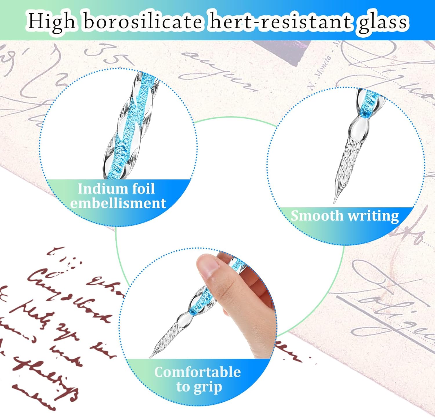 Zonon 6 bolígrafos de inmersión de vidrio hechos a mano con firma de cristal para caligrafía, bolígrafo vintage de tinta de inmersión de