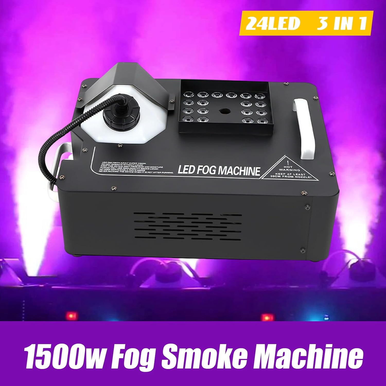 DYRABREST Máquina de niebla, máquina de humo LED de 24 RGB, 3 en 1, 1500 W, para fiesta, DMX inalámbrico, para DJ, escenario, con control remoto,
