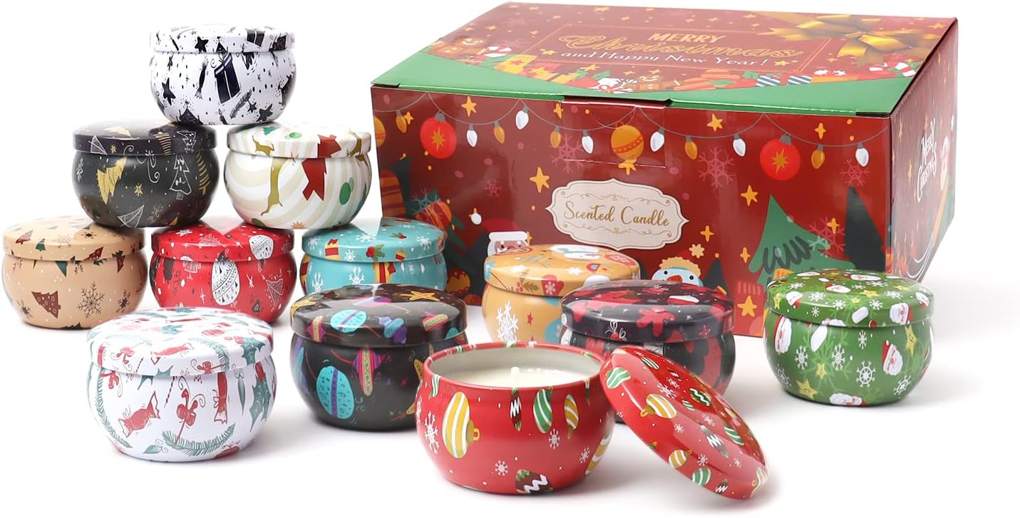 12 velas perfumadas de Navidad, velas en tarro de 2.5 onzas, juego de 12 velas de fragancia navideña para mujeres, mamá, abuela, madrina, compañera