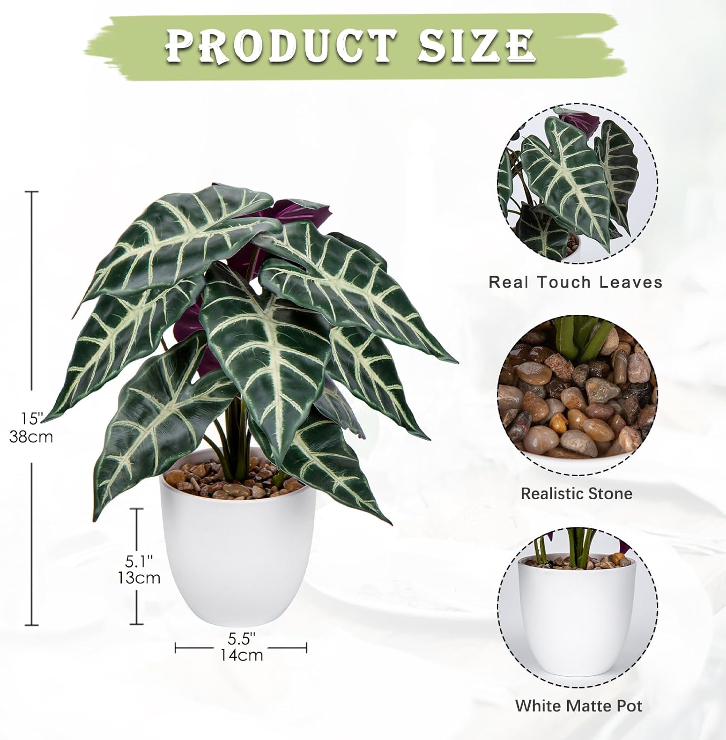 Briful Planta falsa de 15 pulgadas, planta artificial realista en maceta, Alocasia Tiendaica Polly, planta artificial de hojas grandes, planta de