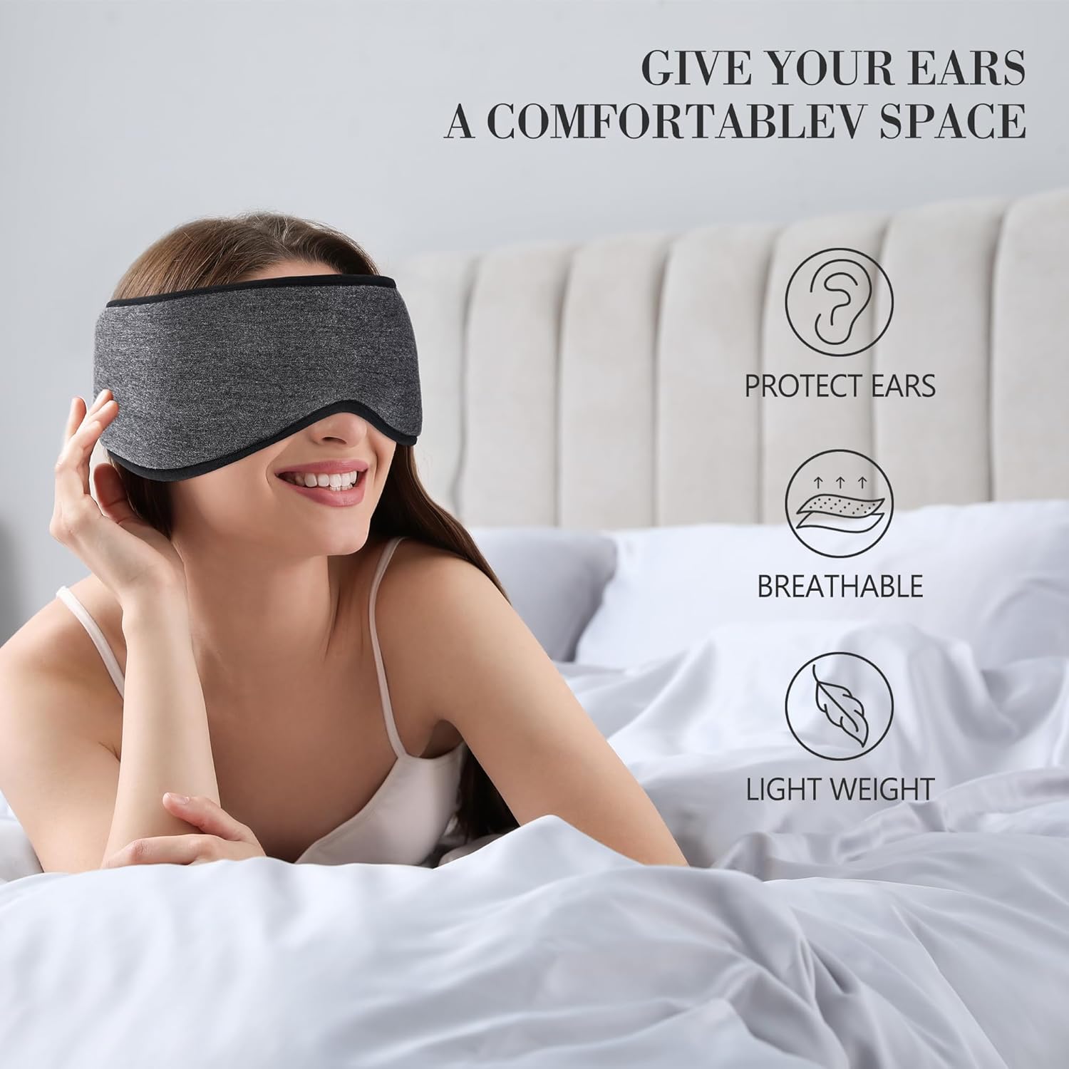 FRESHME Máscara de ojos negra para dormir con cubierta para las orejas  Bloquea la luz contorneada noche antifaz para dormir con cubierta para las