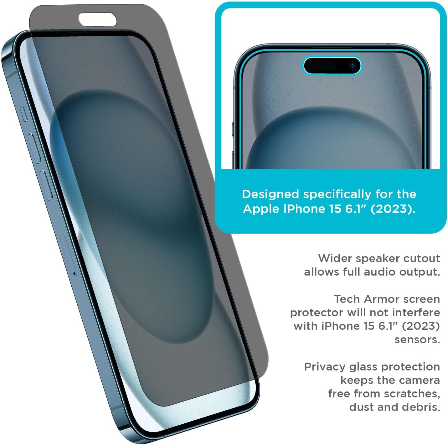 Tech Armor Protector de pantalla de privacidad para iPhone 15 de 6.1 pulgadas, vidrio templado balístico, antiespía, compatible con fundas, fácil