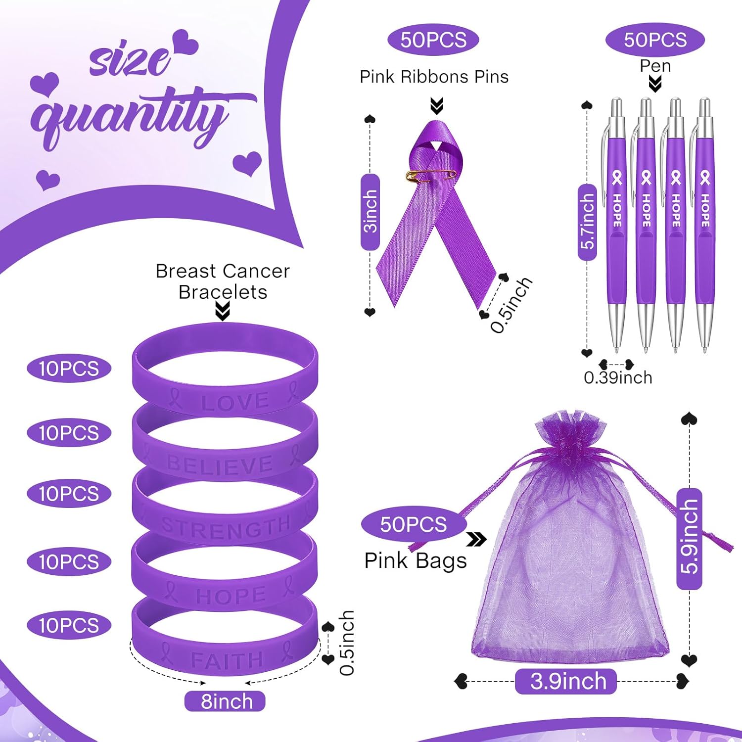 Qilery Juego de 50 regalos de concientización sobre el cáncer de mama, incluye cinta de concientización sobre el cáncer, pulsera y bolsas para